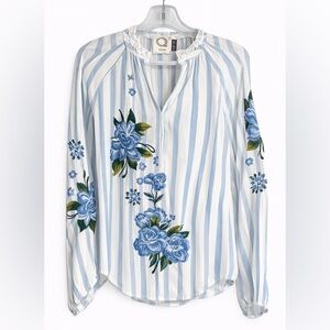 Akemi + Kin Anthropologie Embroidered Stripe Blouse XS Blue Floral